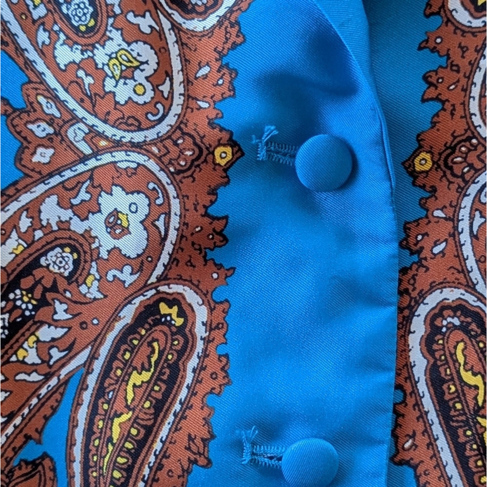 J. CREW 60s Retro Top Drapey Button-up Silky Scarf Blouse Paisley Window Blue M - Picture 8 of 11